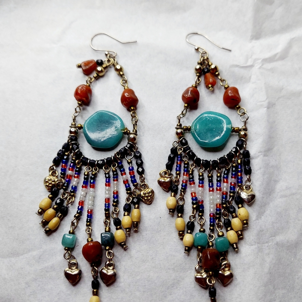 Boho Artisan Long Drop Earrings Stone Wood Glass 5" Long